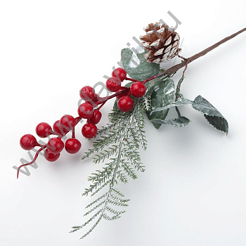 Новогодняя декоративная веточка 35 см композиция рябины с шишечкой