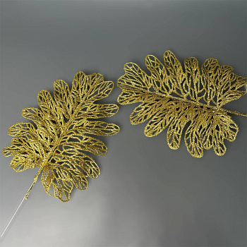 Новогодняя декоративная веточка ажурный лист 36 см золото 7