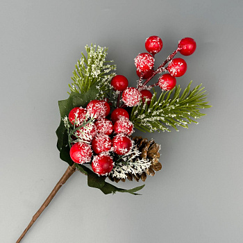 Новогодняя веточка с рябиной 28 см композиция рябины с шишечкой